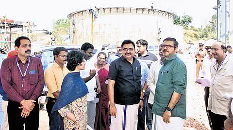 LSG Minister M B Rajesh and Mayor M Anilkumar visit the Brahmapuram waste dumping yard to assess the progress of biomining and other works on Monday
