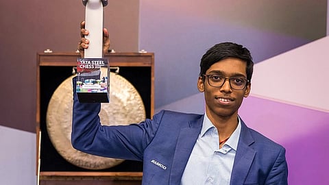 R Praggnanandhaa with the Tata Steel Chess trophy