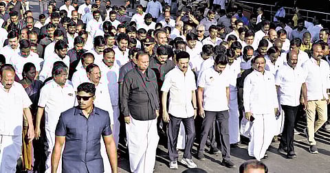 Chief Minister and DMK President MK Stalin led the silent procession of his partymen to mark Arignar Anna Memorial Day on Wallajah Road from Anna Statue, Mount Road.