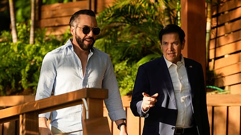 US Secretary of State Marco Rubio (R) meets with President Nayib Bukele (L) at his residence at Lake Coatepeque in El Salvador, Monday, Feb. 3, 2025.