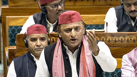 Samajwadi Party MP Akhilesh Yadav speaks in the Lok Sabha during the Budget session of Parliament, in New Delhi, Tuesday, Feb. 4, 2025. 