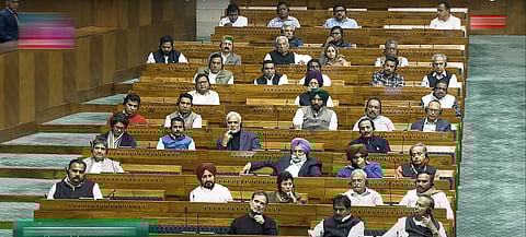  LoP in the Lok Sabha and Congress MP Rahul Gandhi with other opposition MPs during Prime Minister Narendra Modi's reply to the Motion of Thanks to President's address in the House at the Budget session of Parliament, in New Delhi, Tuesday, Feb. 4, 2025.