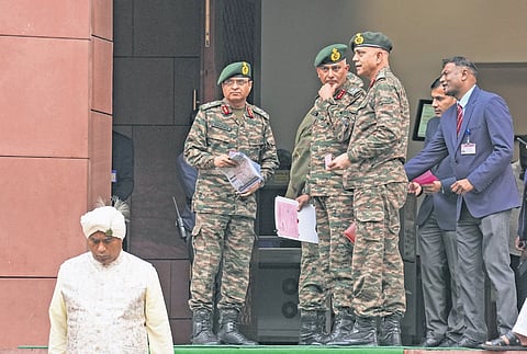 Army officials arrive for the review meeting chaired by Home Minister Amit Shah on security situation in Jammu and Kashmir, at Parliament House Complex.