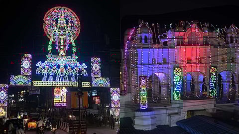 The temple of Sri Suryanarayana Swamy at Arasavilli with illuminated colourful lighting.