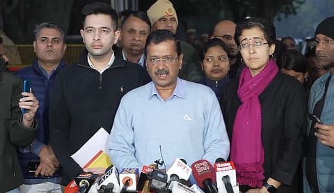 Arvind Kejriwal, along with Chief Minister Atishi and AAP leader Raghav Chadha addressing the press after meeting EC officials. 