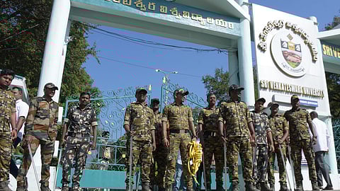 Police bandobast for Deputy Mayor Election at SV University in Tirupati on Monday 