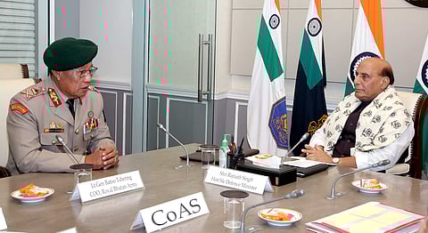 The Chief Operations Officer (COO), of Royal Bhutan Army (RBA) Lieutenant General (Lt Gen) Batoo Tshering with Defence Minister Rajnath Singh