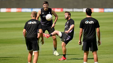 England players play soccer during training ahead of the first ODI against India in Nagpur on Wednesday