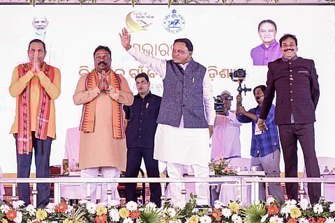 CM Mohan Majhi launches the Bikashita Gaon Bikashita Odisha scheme at Khurdha in February 2025.