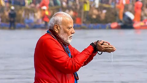 Prime Minister Narendra Modi takes a holy dip at Triveni Sangam in Prayagraj, Uttar Pradesh, Feb. 5, 2025.