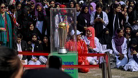 The Champions Trophy in display during a ceremony in Lahore on Tuesday
