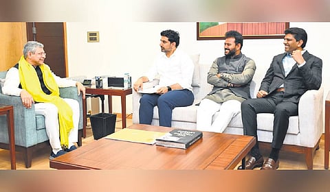 HRD and IT Minister Nara Lokesh calls on Union Minister for Railways Ashwini Vaishnaw in New Delhi on Tuesday.