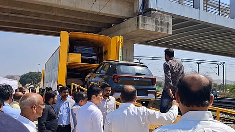 SUVs being loaded on the double decker rakes at Penukonda station in Bengaluru Railway Division on Wednesday.