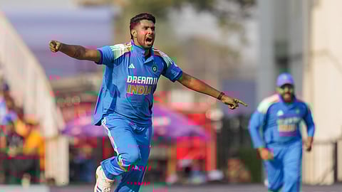Harshit Rana celebrates a wicket against England in Nagpur on Thursday