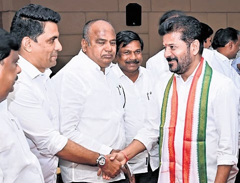 Chief Minister A Revanth Reddy during a meeting  of Congress MLAs and MLCs in Hyderabad 
on Thursday