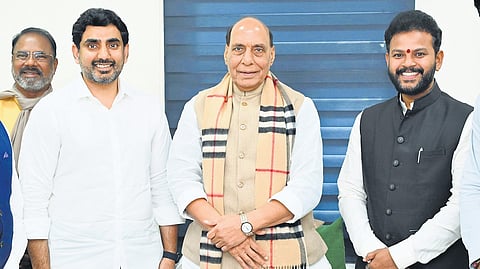 HRD and IT Minister Nara Lokesh calls on Union Defence Minister Rajnath Singh in New Delhi on Wednesday.