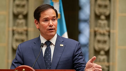 U.S. Secretary of State Marco Rubio gives a joint news conference with Guatemalan President Bernardo Arevalo at the National Palace in Guatemala City, Wednesday.