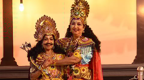 Suyanthi, 83, as Arjuna (left) with her daughter Sreekala, 60, 
playing Krishna at Ananda Chandrodayam Sabha Subramanya Temple in Kochi