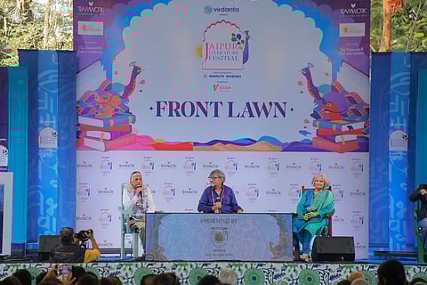 (L-R) Sanjoy K Roy with Amol Palekar and Sandhya Gokhale at JLF
