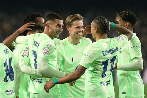 Barcelona's Ferran Torres celebrates his side's fourth goal during a Spanish Copa del Rey, or King's Cup, quarter-final soccer match between Valencia and Barcelona at the Mestalla Stadium in Valencia, Spain, Thursday Feb. 6, 2025.