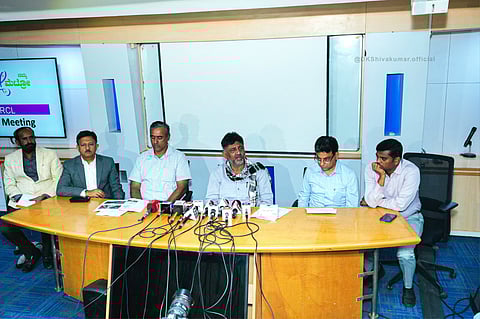 Deputy CM DK Shivakumar briefing the media at Bengaluru Metro office on Thursday.