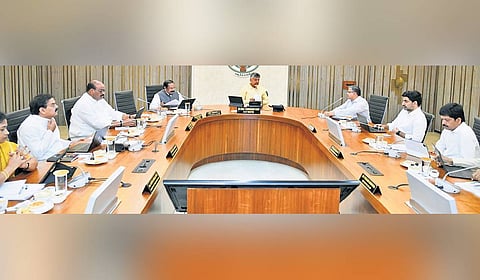 Chief Minister N Chandrababu Naidu chairs the Cabinet meeting at the State Secretariat in Velagapudi on Thursday.