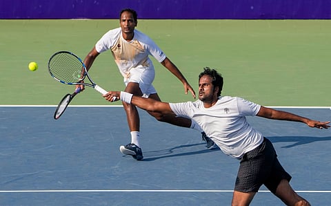 India's Saketh Myneni and Ramkumar Ramanathan during their men's doubles semifinal match at the Chennai Open ATP Challenger tournament on Friday