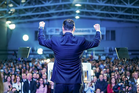 Lumir Abdixhiku addresses supporters during a campaign rally ahead of the parliamentary election
