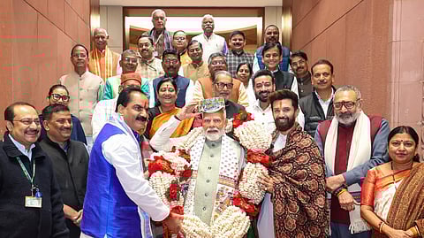 Prime Minister Narendra Modi was felicitated by 30 MPs from Bihar belonging to the NDA after they met him in Parliament.