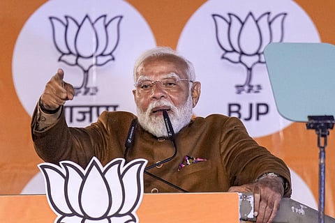 Prime Minister Narendra Modi addresses during celebrations at the BJP HQ after the party won the Delhi Assembly election, in New Delhi, Saturday, Feb. 8, 2025.