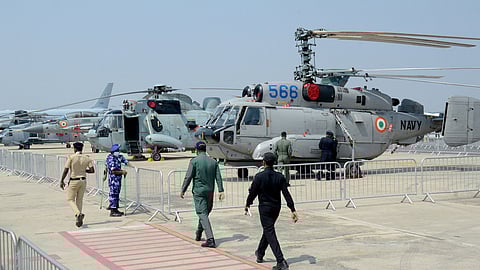 Fighter jets and other flights at the static display at Yelahanka Air Force Station on the eve of Aero India 2025 