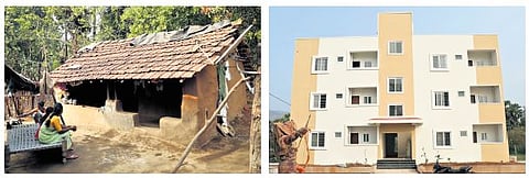 The thatched houses at Lanka Veedhi in Alluri Sitarama Raju district, where descendants of Gam Gantam Dora have been living (R) Residential flats constructed for the tribal leader’s family will be handed over to them on February 17 