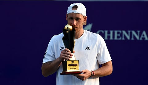 Kyrian Jacquet celebrates after winning the top prize in Chennai on Sunday