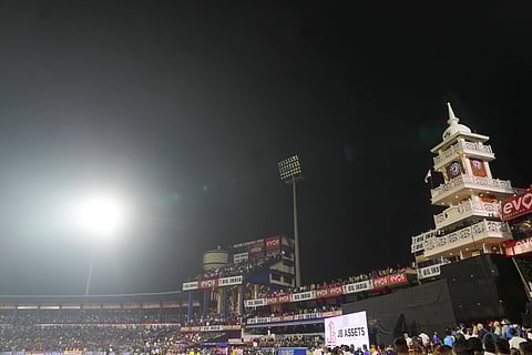The floodlight behind the clock tower at the Barabati Stadium in Cuttack went off in the second innings on Sunday