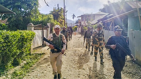 Security personnel conduct patrolling a sensitive area of Manipur.