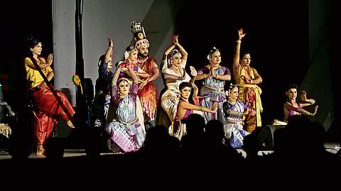 A still from the classical dance drama ‘Gouri Thirumanam’ performed at Durbar Hall Ground in Kochi. The scene features seven transwomen alongside other artists