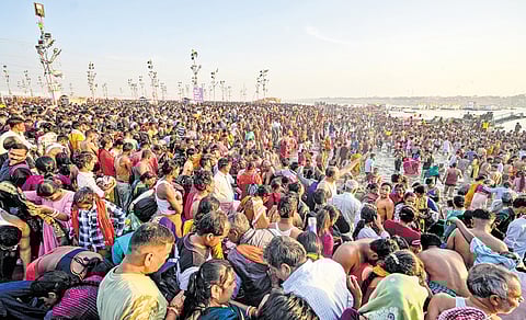 A rush of devotees during the Maha Kumbh Mela in Prayagraj