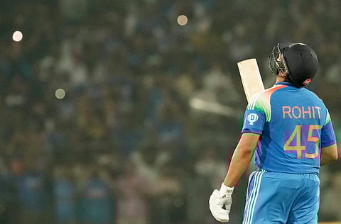 Indian batter Rohit Sharma celebrates his century during 2nd ODI match against England at Barabati stadium in Cuttack, Odisha, Sunday, Feb.9, 2025.