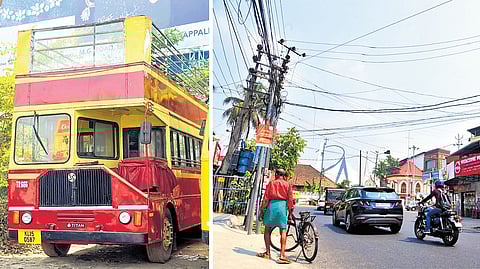 A double-decker KSRTC bus (left); and a spot at Thoppumpady where live cables are seen dangling low across the road.