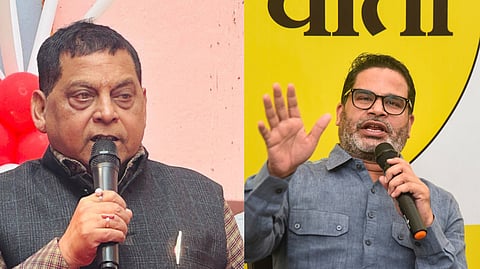 Senior JD(U) leader and chief spokesperson Neeraj Kumar (L),  Jan Suraaj Party founder Prashant Kishor (R)