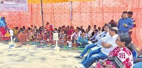 Villagers staging protest at the entrance of NTPC’s Super Thermal Power Project