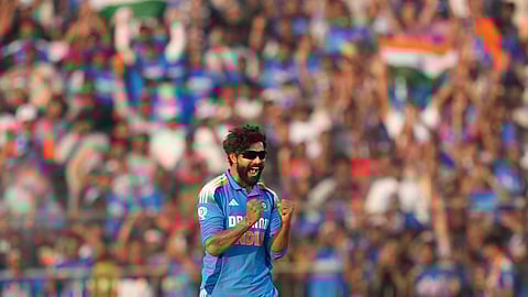 Ravindra Jadeja celebrates a wicket during the second ODI against England in Cuttack on Sunday
