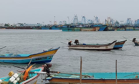 Boats remained berthed at the Karaikal fishing harbour