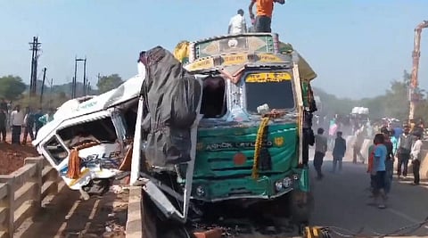 Jabalpur: Mangled remains of vehicles after a bus carrying devotees collided with a truck near Sihora, Jabalpur, Tuesday, Feb. 11, 2025