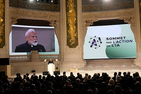 Prime Minister Narendra Modi addresses the audience at the Grand Palais during the Artificial Intelligence Action Summit in Paris, Tuesday, Feb. 11, 2025.
