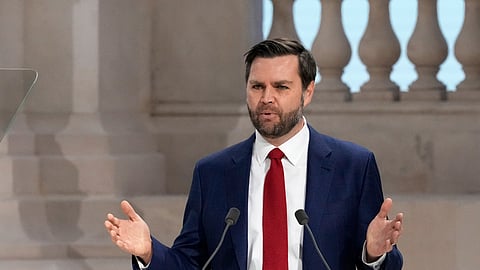 United States Vice-President JD Vance addresses the audience at the Grand Palais during the Artificial Intelligence Action Summit in Paris, Tuesday, Feb. 11, 2025.