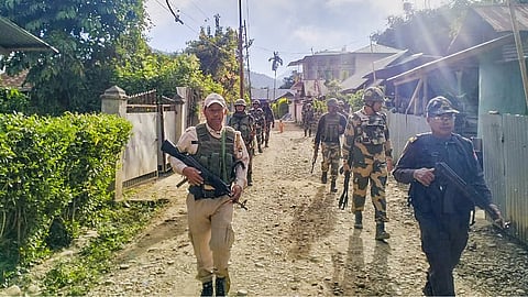 Security personnel conduct patrolling a sensitive area of Manipur.