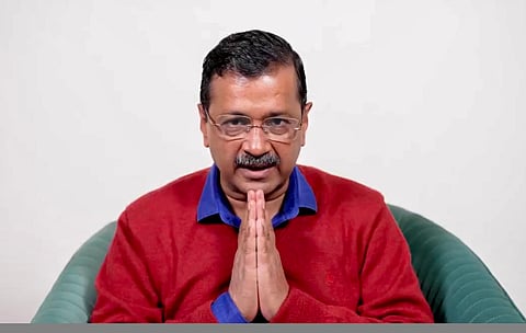 In this image released by @ArvindKejriwal via X on Saturday, Feb. 8, 2025, AAP convenor Arvind Kejriwal reacts on Delhi Assembly polls