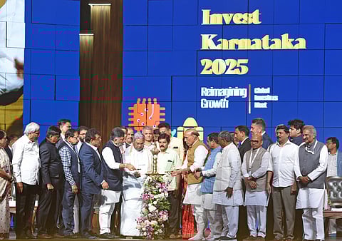 Union Defence Minister Rajnath Singh, CM Siddaramiah and Minister MB Patil inaugurated the Invest Karntaka 2025 at Bengaluru palace ,in Bengaluru on tuesday. 
