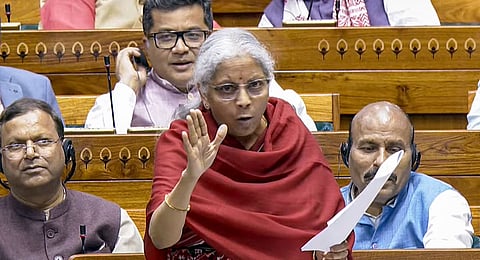 Union Finance Minister Nirmala Sitharaman speaks in the Lok Sabha during the Budget session of Parliament, in New Delhi, Tuesday, Feb. 11, 2025. 